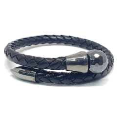 Bijoux - Bracelet PR9 Black leather / blacked silver - Hematite